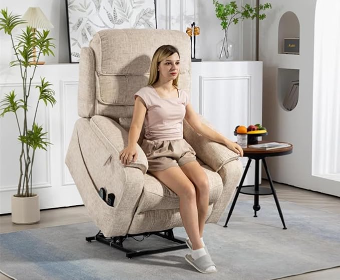 Cream Recliner Chair for Elderly | Tall and Big Man 400lbs | Velvet | Power Lift, Lay Flat, Stand Up, Wireless Charging Device, Extended Footrest, Massage Heat, Cup Holder, Lumbar Pillow