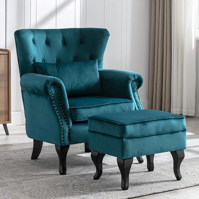 Janoray Mid Century Modern Accent Chair Upholstered Armchair Comfy Velvet Tufted Wingback Single Sofa with Ottoman for Bedroom Living Room, Teal