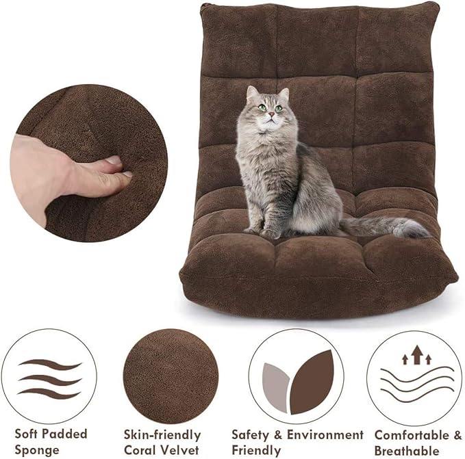S AFSTAR Cushioned Floor Chair, 14-Position Adjustable Padded Lazy Recliner with Comfortable Back Support and Skin-Friendly Cover, Great for Reading, Playing Game, Meditating (Dark Coffee)