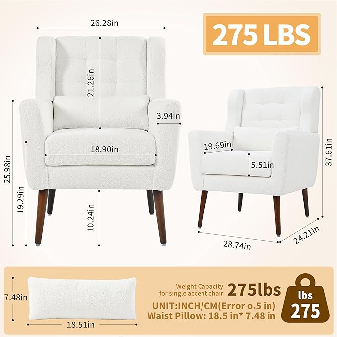QKFF Modern Accent Chair, Upholstered Armchair with Pillow, Teddy Single Sofa Chair with Lounge Seat and Wood Legs Accent Chair for Living Room Bedroom Small Spaces