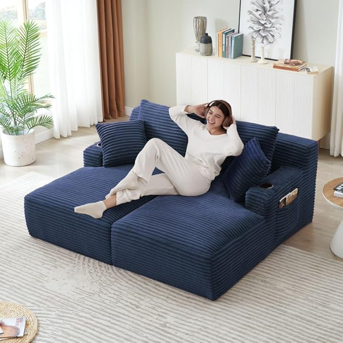 71" Oversized Double Chaise Lounge Sofa Indoor Boneless Sleeper Daybed, Fluffy Corduroy Upholstered Compressed Cloud Couch Loveseat Sofabed, Floor Chair w/Cupholders, Side Pockets for Living Room