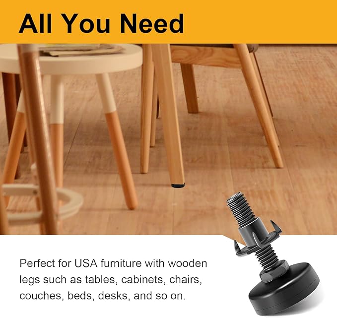 Mrosnail 12Pcs Adjustable Furniture Leveling Feet with T-Nuts, 3/8"-16 UNC Thread Screw-in Furniture Levelers for Tables, Sofas, Shelves, Cabinets
