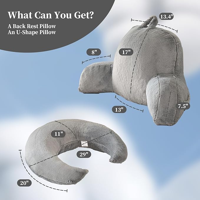 PAJEO Reading Pillow for Bed,U Shaped & Back Support Pillow for Bed,17" Backrest with Lumbar & Arm Support,Luxurious Faux Rabbit Fur,Gaming PillowFor Crochet/Reading/Watching TV,Gray