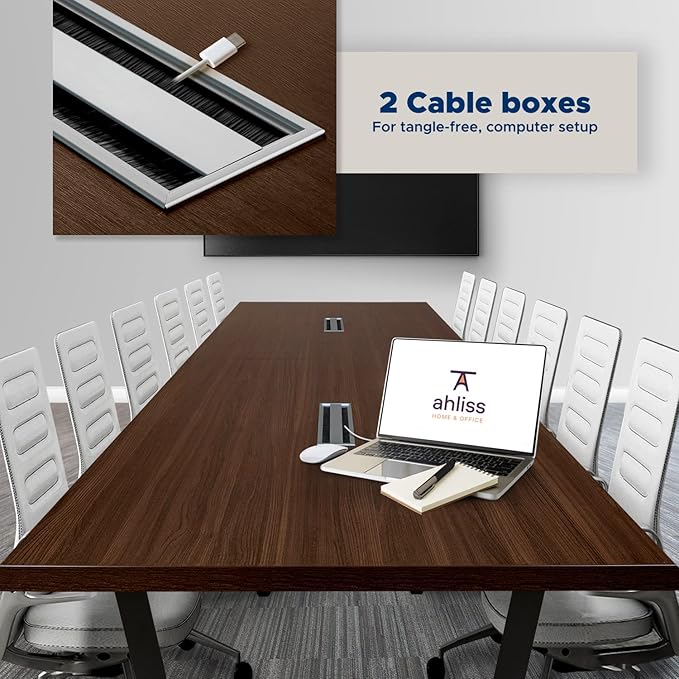 ahliss Sturdy Conference Table with Cable Management Grommets Modern Rectangle Office Meeting Table with Wood Tabletop and Metal Frame & Legs- Easy Assembly Boardroom Table (Dark Brown, 12 Foot)