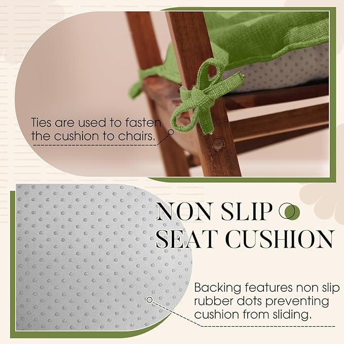Basic Beyond Chair Cushions for Dining Chairs 4 Pack, Chair Cushion with Ties and Non Slip Backing, 15.5 x 15.5 inches Tufted Chair Pads for Dining Chairs(Grass Green)