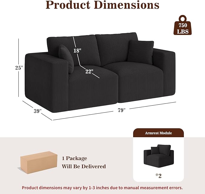 79" Modular Loveseat Cloud Couch, Memory Foam Boneless Double Sofa, Comfy Upholstered Corduroy Frameless Furniture, No Assembly Required Small Couch for Apartment, Living Room, Office, Black