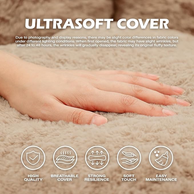 Big Bean Bag Chairs for Adults Giant Sofa with Faux Fur Shell-Shaped Beanbag Couch, Stuffed Large Bean Bag Floor Chair for Living Room, Beanbags Reading Chair for Bedroom Single Sofa(XL-Khaki)
