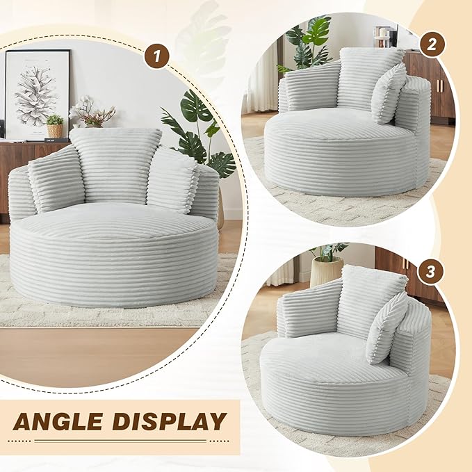 48"W Oversized Round Chaise Longue Chair Indoor,Corduroy Fluffy Comfy Cloud Chair,Circle Bean Bag Sofa with Foam Filling & Pillows,Boneless Reading Cozy Sofa Chairs for Living Room,Bedroom,Light Grey