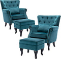 DM Furniture Accent Chairs with Ottoman Set of 2 Velvet Wingback Club Chair Upholstered Reading Chair Lounge Chairs with Wood Legs/Button Tufted Back for Bedroom Living Room, Teal Blue