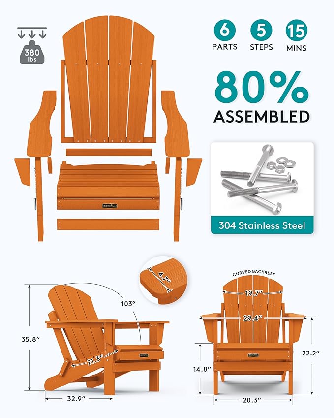 SERWALL Folding Adirondack Chair Set of 4 for Patio Garden Outdoors Fire Pit Chairs- Orange
