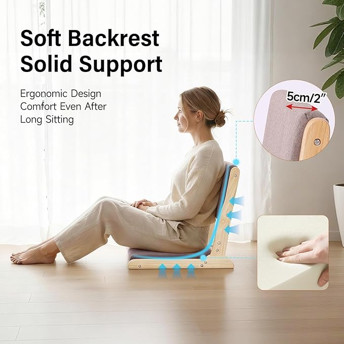 Tiita Floor Chair with Back Support, Foldable Meditation Tatami Chairs, Backrest Chair with Cushion, Living Room Chair Seat 4 Pack, Wood Grey