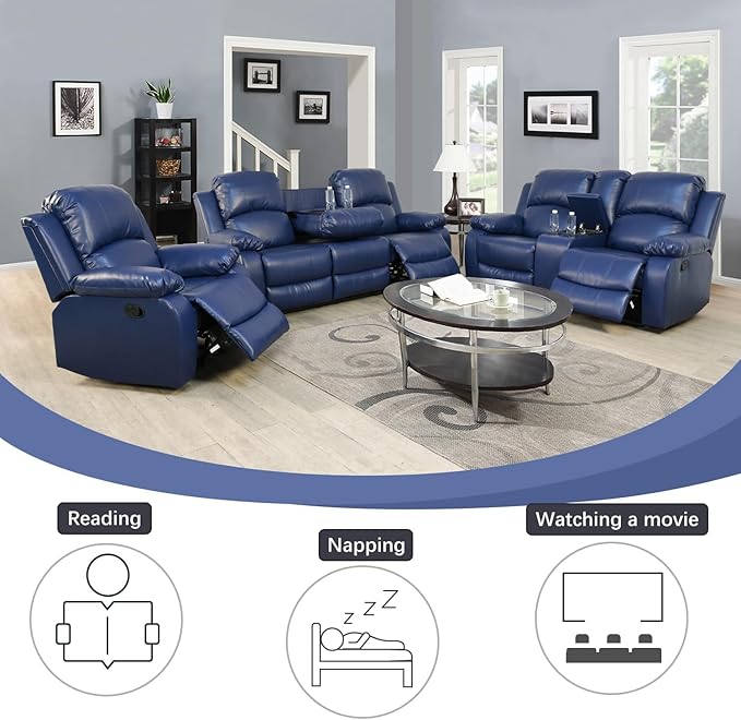 AYCP Bonded Leather 3-Piece Sofa Set, Blue, Manual Recline, Loveseat, Storage, Coffee Table, Artificial Leather, Living Room