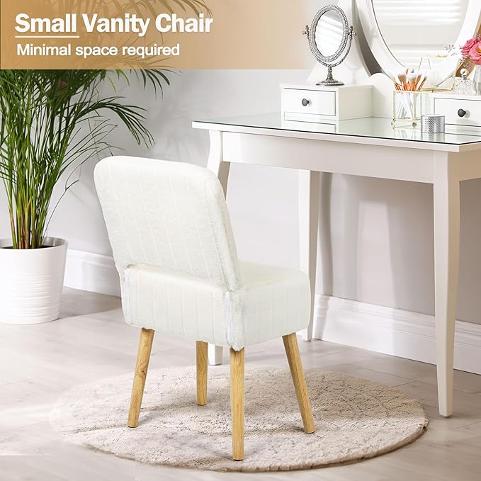 Shinoske Vanity Stool with Storage,White Faux Rabbit Fur Small Makeup Chair for Vanity,Storage Ottoman with Folding Back,Modern Footstool with 4 Solid Wood Legs for Bedroom,Living Room,Home Office