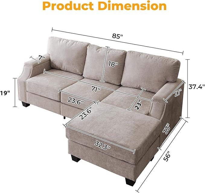 Rukefo 85" Sectional Sofa Couch with Storage Ottoman,L Shaped Couch with Armrest Organizer,3-Seater Sofa,Sofa and Chair Set,Couches for Living Room,Bedroom,Apartment,Chenille,Khaki
