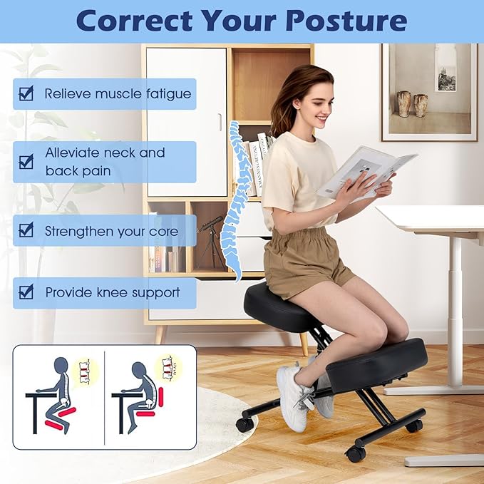 Giantex Ergonomic Kneeling Chair for Office, Knee Stool Chair w/Adjustable Height and Seat Angle to Relieve Pain, Posture Desk Chair w/Lockable Universal Wheels, Thick Padded Cushions, Black (1)