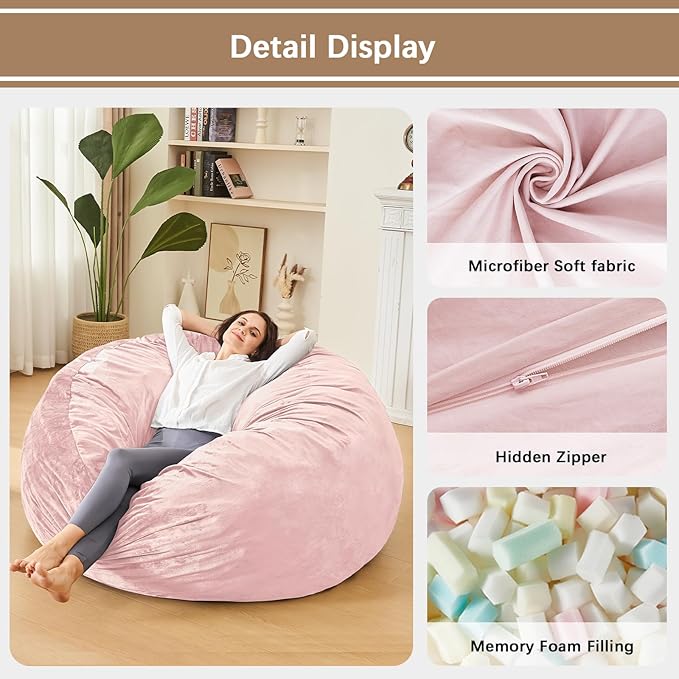 Bean Bag Chairs for Adults - Memory Foam Furniture BeanBag Chair - Kids/Teens Sofa with Soft Micro Fiber Cover - Round Fluffy Couch for Living Room Bedroom College Dorm - 4 ft, Pink