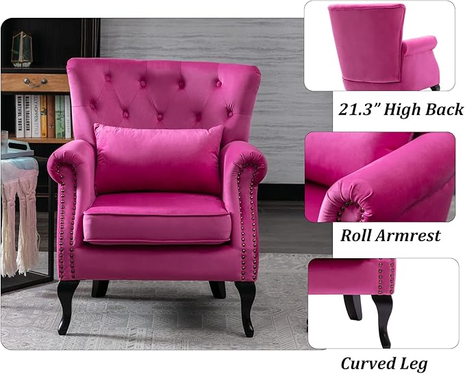 DM Furniture Set of 2 Mid-Century Modern Accent Chair, Velvet Armchair w/Tufted Back/Wood Legs, Upholstered Lounge Arm Chair Single Sofa for Living Room Bedroom, Rose Pink