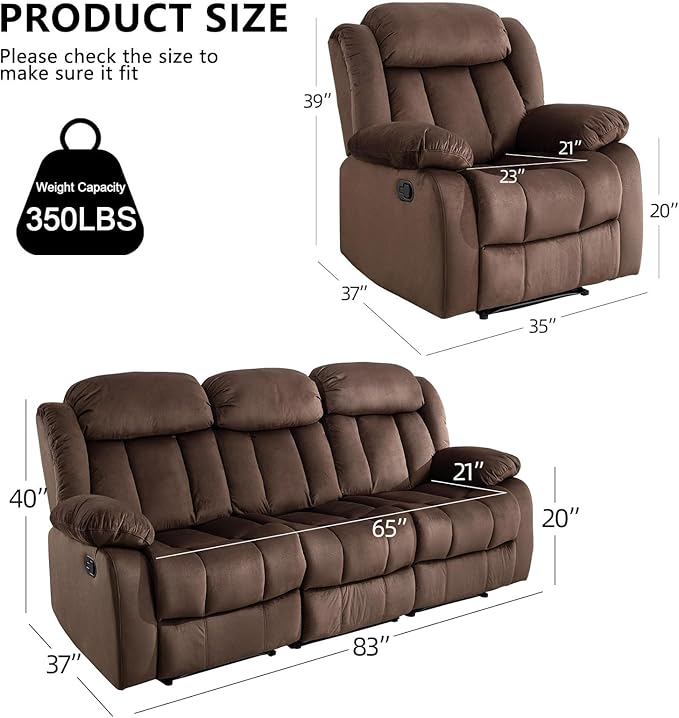 EBELLO Manual Reclining Sofa Set, Classic Recliner Sofa with Overstuffed Arms and Backrest, Include 1 Recliner Chair and 1 3-Seat Couch, Brown