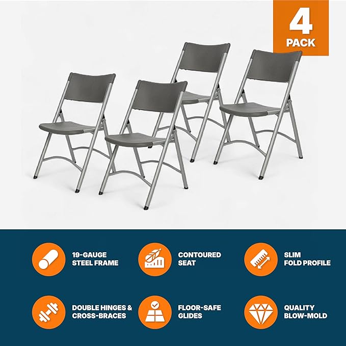 OEF Furnishings OEF600 Series High Back Folding Chairs, Blow-Molded Polyethylene Commercial-Grade Seating for Indoor and Outdoor Use, 500 lb Weight Capacity, 4-Pack (Charcoal Gray)