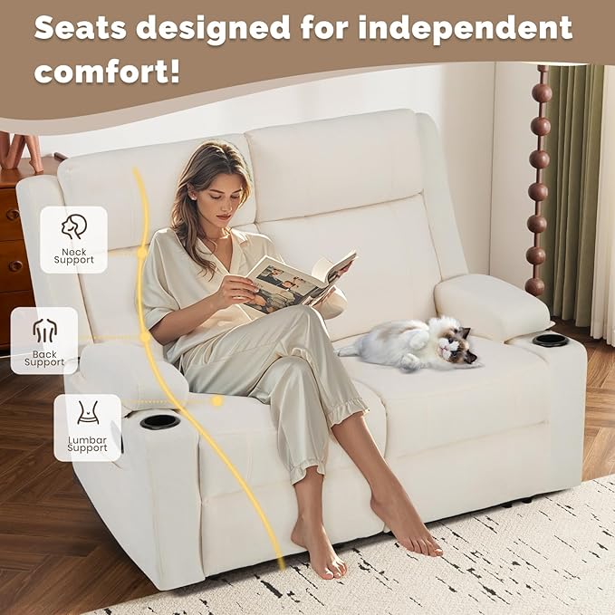PALLOME Manual Reclining Loveseat Sofa, 2-Seater Recliner Couch with Cup Holders, Fabric Reclining Sofa for Living Room/RV (Cream)