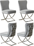 WUTUTUEE Luxury Velvet Dining Chairs, Tufted Upholstered Armless Accent Chairs with Silver Metal X-Legs, Modern Glam Dining Room Chair Set of 4, Light Grey