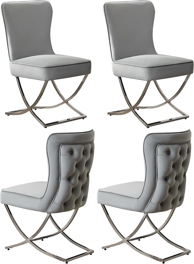 WUTUTUEE Luxury Velvet Dining Chairs, Tufted Upholstered Armless Accent Chairs with Silver Metal X-Legs, Modern Glam Dining Room Chair Set of 4, Light Grey
