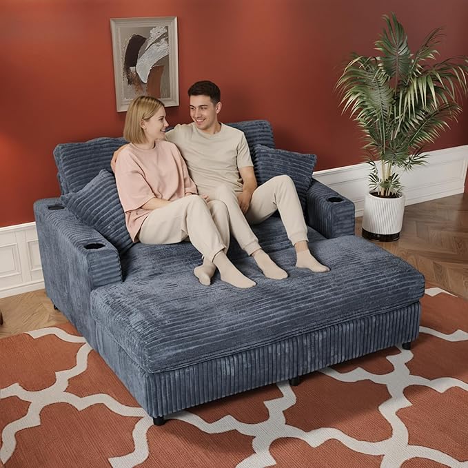65" Oversized Chaise Lounge Chair Indoor, Upholstered Sofa Bed with Pillows & 2 Cup Holders, Sleeper Couch Comfy Corduroy Recliner Chair for Living Room, Movie Room, Bedroom, Gray