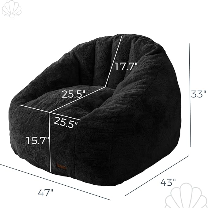 MAXYOYO Giant Bean Bag Chair, Oversized Bean Bag Couch for Adults and Kids, Faux Fur Shell-Shaped Large Chair with Filler, Stuffed Big Accent Sofa Lounge Floor Sofa for Gaming, Reading, Black