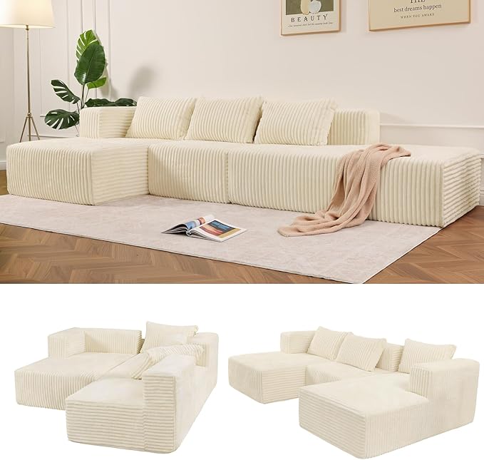 Favoduerme 117” Modular Sectional Cloud Couch with L-Shape Chaise Lounge, Boneless Convertible Sofa for Living Room, Corduroy 4-Seater Couch, No Assembly Required, Cream Beige, Left Facing Chase