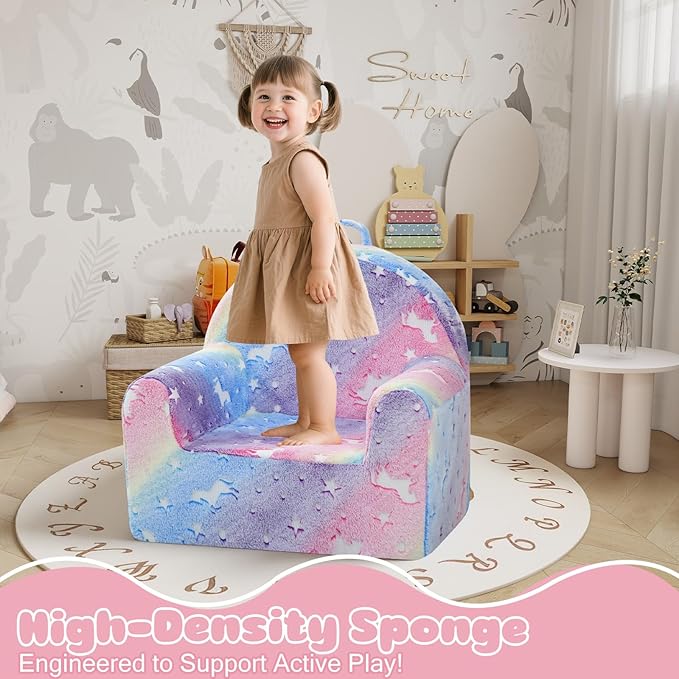 MeMoreCool Comfy Toddler Chair for 1-3 Years Old, Glow Unicorn Kids Reading Chair, Soft Plush Toddler Armchair, Cozy Foam Lounge Kids Armchair for Baby Room, Living Room, Playroom, Reading Nook