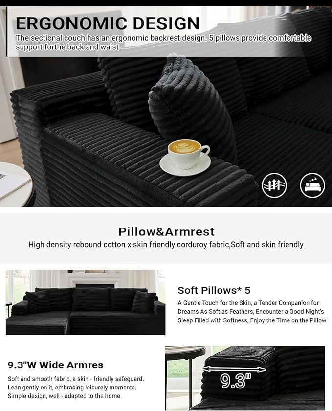Vanress Cloud Couch Sectional, Corduroy Boneless Couch with L-Shape Chaise, Modern Modular Sectional Sofa Comfy Deep Seat for Living Room, Bedroom, No Assembly (Black, Left Facing Chaise)