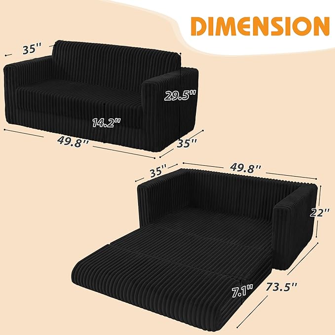HABUTWAY Folding Sofa Bed, 2 in 1 Convertible Sleeper Chair with Armrest, Portable Fold Out Chair Bed, Comfy Floor Couch, Multi-Functional Lazy Sofa for Living Room Bedroom Dorm Home Office, Black