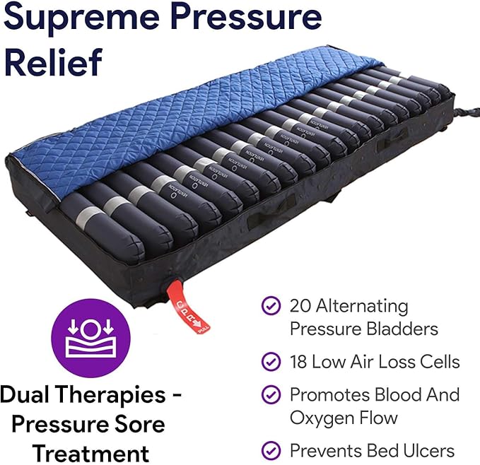 Low Air Loss Alternating Pressure Mattress - Cell On Cell Base - Pressure Mattress for Bed Sores with Silent Air Pump - Hospital Bed for Stages I-III - 36” x 80” x 8”