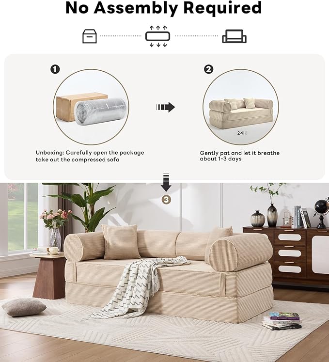 Tbfit 63'' Folding Boneless Couch, Convertible Loveseat Sofa Bed, Corduroy Futon Mattress Sleeper Sofa, Comfy Foldable Upholstered Floor Couches for Living Room, Khaki
