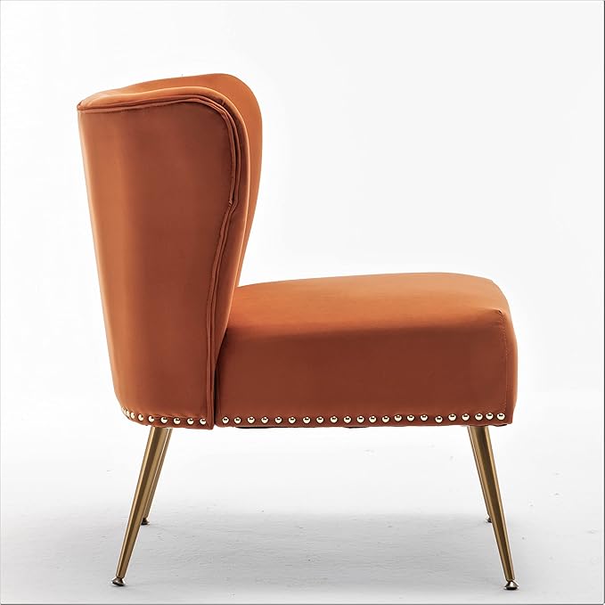 Container Furniture Direct Thia Armless Velvet Accent Chair for Living Room, Elegant Seat with Nailhead Trim, Gold Metal Legs and Comfortable Curved Back, 28" D x 25" W x 29.5" H, Orange Red