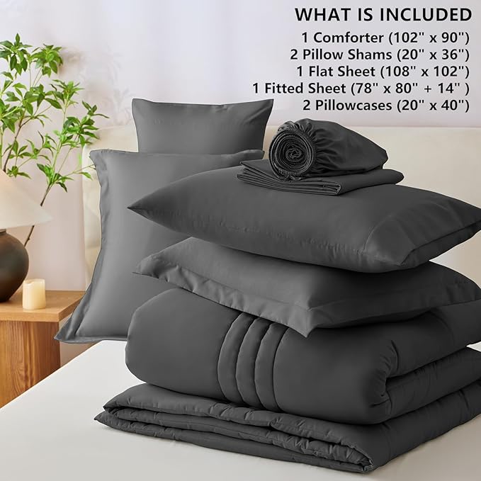 CozyLux King Size Comforter Sets - 7 Piece Bed in a Bag Dark Grey Comforter Set with Sheets Bed Set All Seasons, Soft Bedding Set with Down Alternative Comforter, Sheets, Pillowcases & Shams