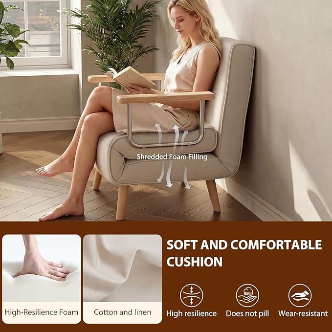 Folding Chair Bed, convertible chair to bed，3-in-1 Convertible Sleeper Chair Bed, Futon Chair with 6-Level Adjustable Backrest for Guest Room, Apartment, Dormitory, Home Office Cream Beige