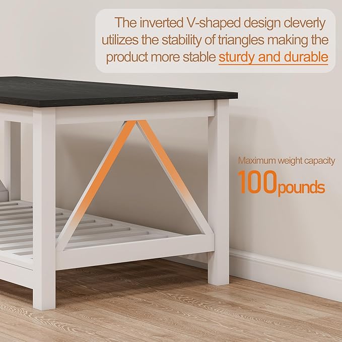 UYIHOME Farmhouse Coffee Table, Black and White Coffee Table for Living Room, 2-Tier Rectangular Wooden Centre Cocktail Table with Slats Shelf Storage and V-Shaped Frame Modern Coffee Tables Oak Black