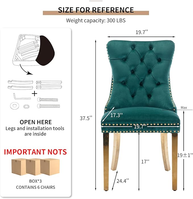 YeahFurn Mid Century Modern Dining Chairs Set of 6, Green Velvet Upholstered Tufted Back, Kitchen & Dining Room Chairs, Gold Metal Legs, Nailhead Trim, Sillas para Comedor (Green, 6 Pcs)