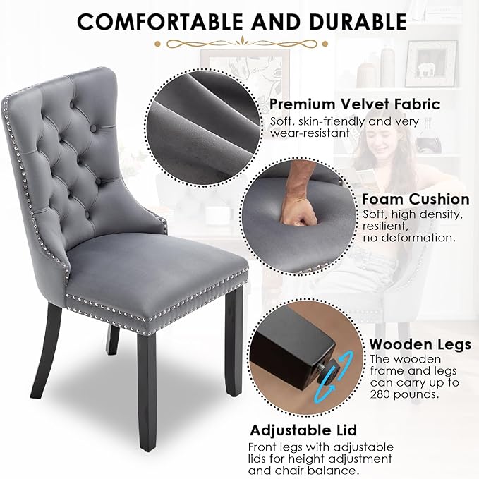 Kiztir Velvet Dining Chairs Set of 2, Upholstered Dining Chairs with Ring Pull Trim and Button Back, Luxury Tufted Dining Chair for Living Room, Bedroom, Kitchen (Gray)