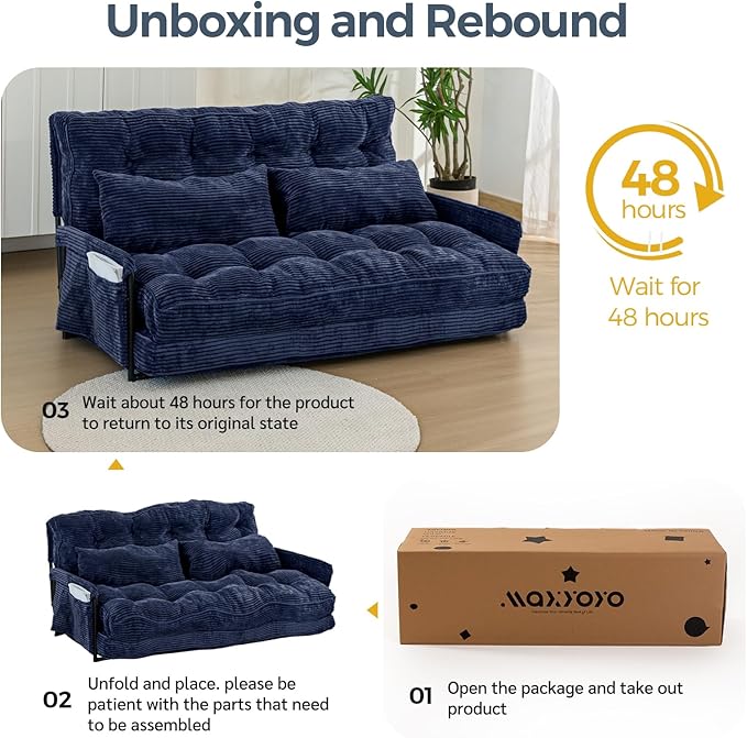MAXYOYO Adjustable Floor Sofa Couch with 2 Pillows, Multi-Functional Bean Bag Bed, 5-Position Foldable Lazy Sofa Sleeper Bed with Armrest, Versatile Floor Seating for Reading, Navy, Double