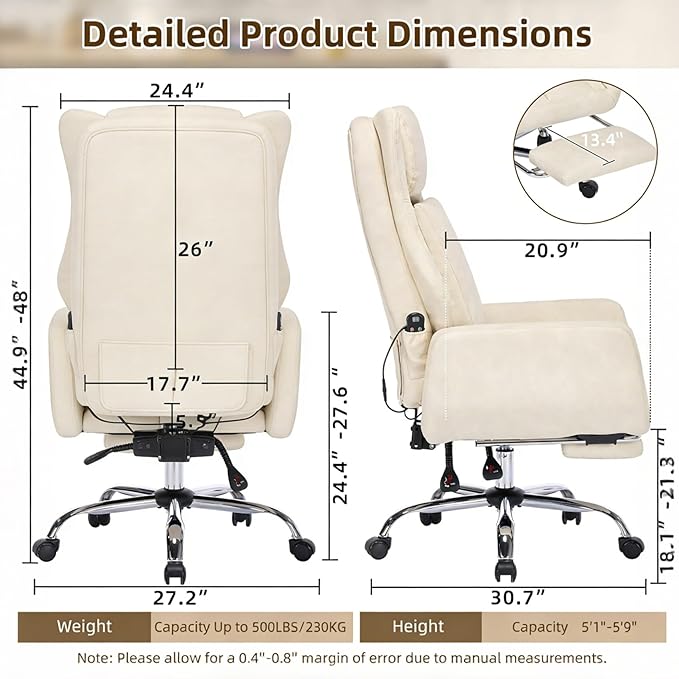 DYHOME Executive Office Chair with Massage and Footrest Heavy Duty Task Desk Swivel Ergonomic Chairs with Lumbar Support Wheels Flip-up Arms Adjustable Height,Leather Beige Computer Gaming Chairs