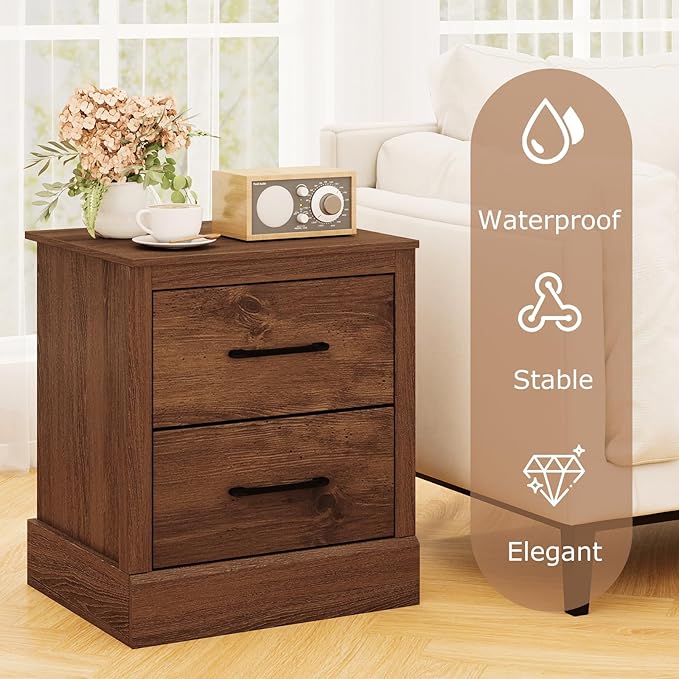 SIMOE Walnut Farmhouse Nightstand Set of 2, Wooden Bedside Table with 2 Storage Drawers, Compact Floor-Standing Night Stand, Accent Sofa Side Table for Bedrooms