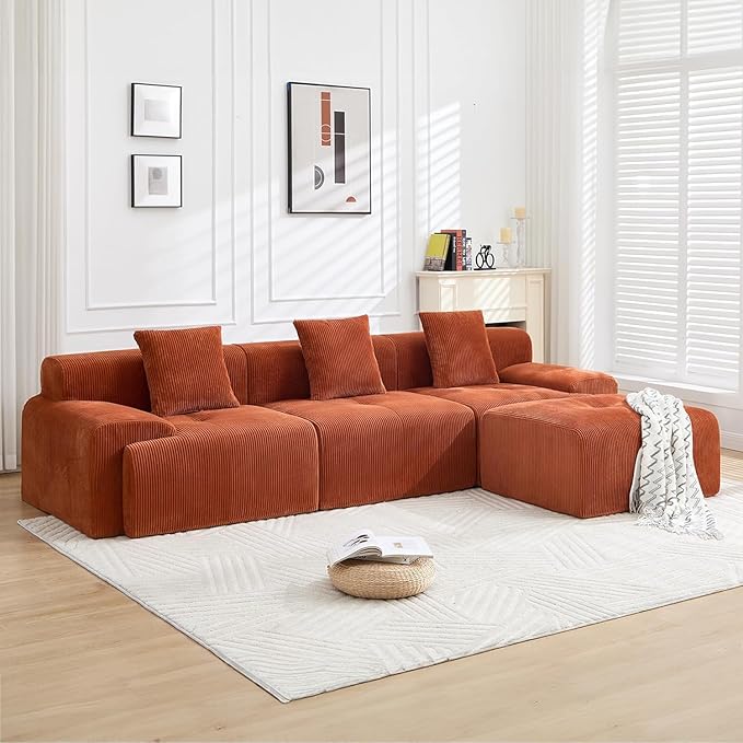 118" Modular Sectional Sofa, Cloud Sectional Couch with Chaise, Modern Boneless L-Shaped Sofas with Deep Seat, Upholstered Comfy Couches for Living Room, No Assembly Required, Plush Corduroy,Orange