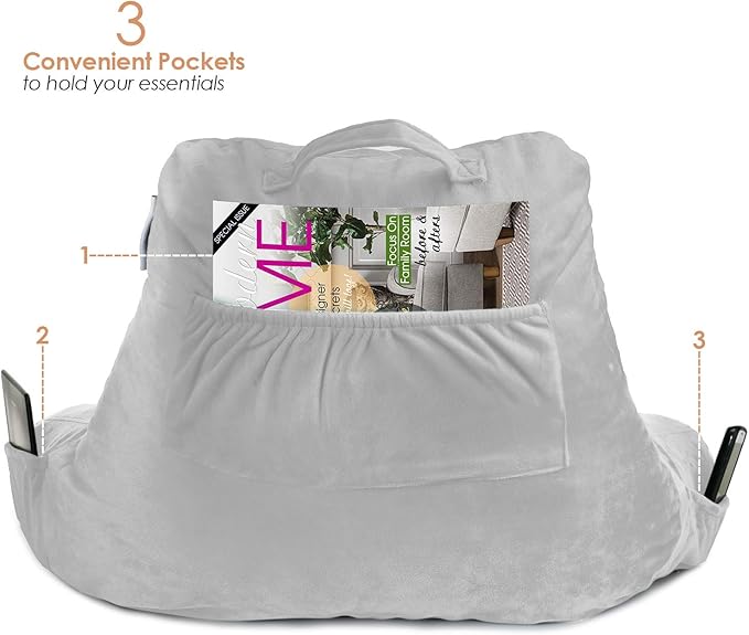 Nestl Reading Pillow with Shredded Memory Foam, Designed for Sitting Up in Bed and Couch, Back and Arms Adjustable Support for Adult & Teens Backrest Pillows for Reading with Washable Cover Light Grey