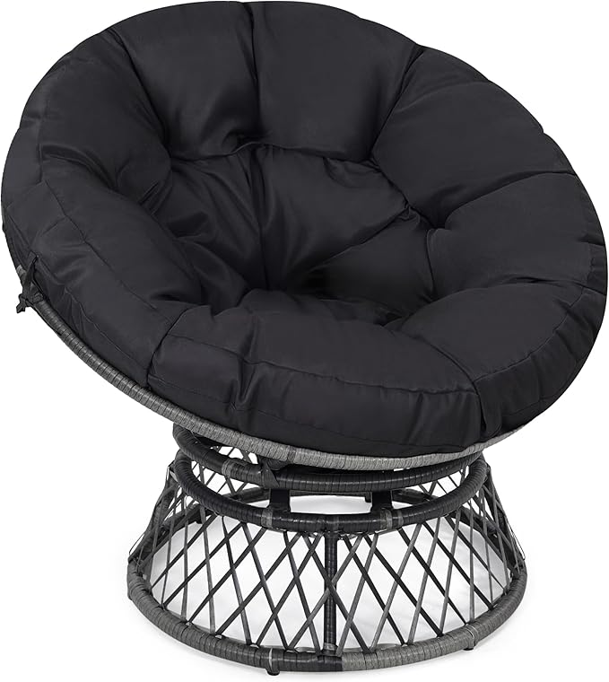 Kromax 40" Ergonomic Wicker Papasan Chair, 360° Swivel Round Egg Chair with Soft Thick Cushion, Indoor Outdoor Use for Living Room, Bedroom, Reading Room, Grey Frame with Black Cushion
