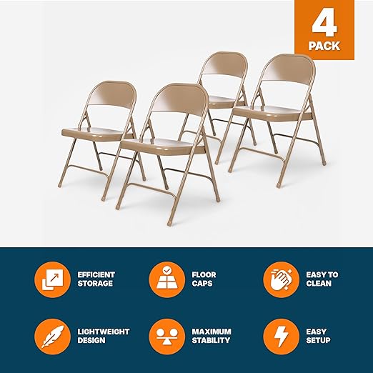 OEF Furnishings OEF50 Series All-Steel Heavy-Duty Folding Chairs with 500 lb Weight Capacity (4-Pack, Beige)