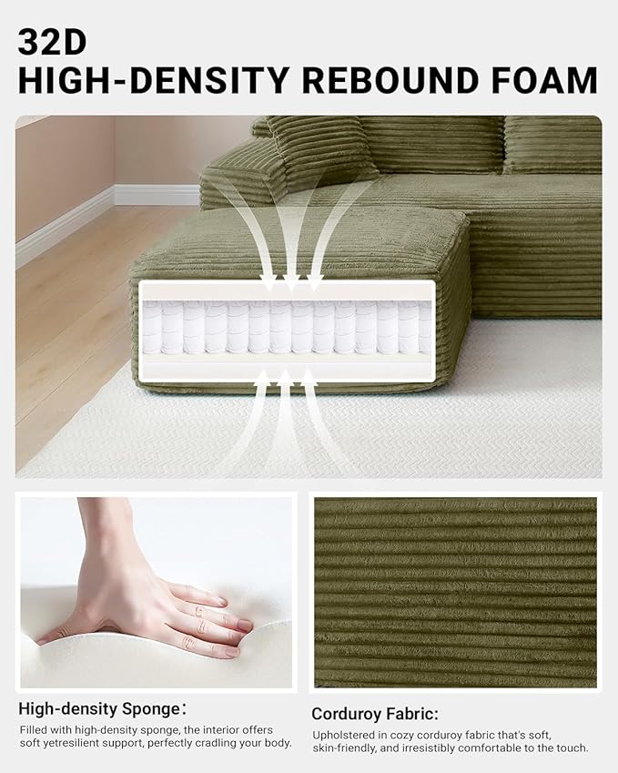 150" Oversized Modular Sectional Sofa, Deep Seat Cloud L-Shape Corduroy Couch with Cup Holders, USB Ports, Wireless Charging & Storage Box, Upholstered Modular Sleeper Sofa for Living Room (Green)