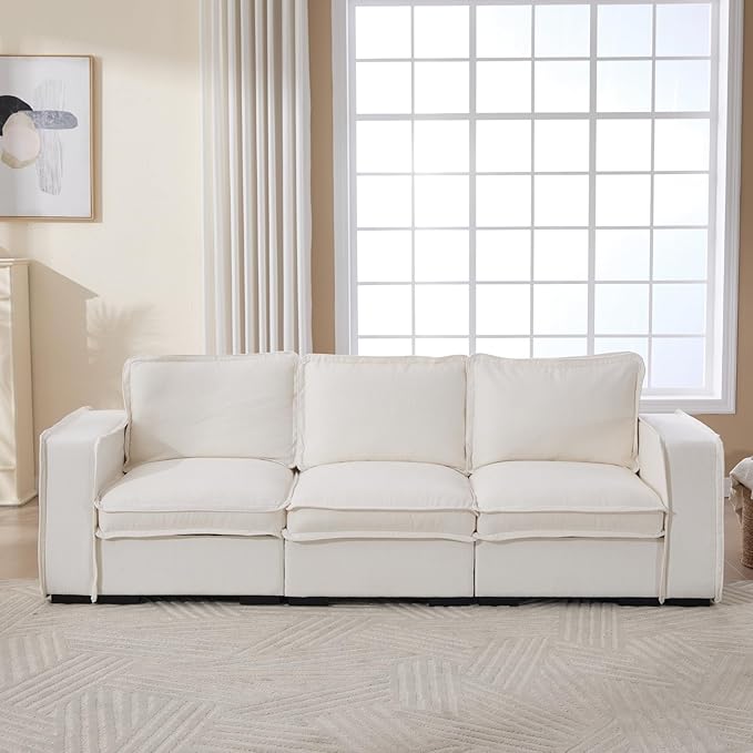 HEAY-YO 93 Inches Modern Modular Sectional Sofa,3-Seater Comfy Couch with High Density Foam and Armrests,Floor Sofa for Living Room Bedroom Apartment,Linen White