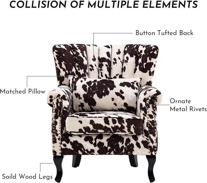 LZAREAL Accent Reading Arm Chairs Set of 2 for Living Room Bedroom, Midcentury Modern Comfy Corner Sofa Chair, Wingback Waiting Room Club Chair with Button Tufted Back &Lumbar Pillow, Fabric Cow